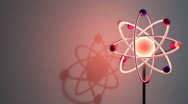 Glowing atomic model lamp sits on table against grey wall. Pink, white light structure represents science concept for research laboratory. Modern orbit orbits electron protons neutrons spheres neon