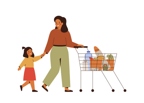 Mother and daughter with shopping cart full of fresh food and drinks. Family go with supermarket store trolley. Woman and child girl with purchases. Flat vector illustration on white background