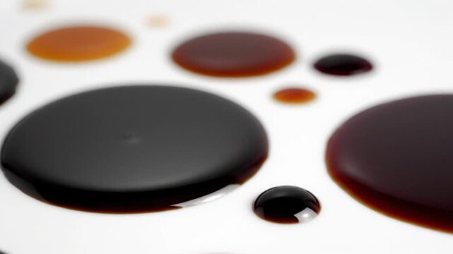 Close-up of drops of dark balsamic vinegar on a white surface, creating interesting patterns and shapes