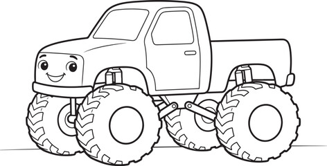 Black and white line of a cartoon monster truck with a smiling face, large treaded tires, and suspension details, isolated on a white background © PixelSaga MH2 