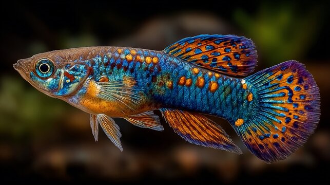 Vibrant male Endler's Livebearer displaying vivid colors in an aquarium setting for aquatic