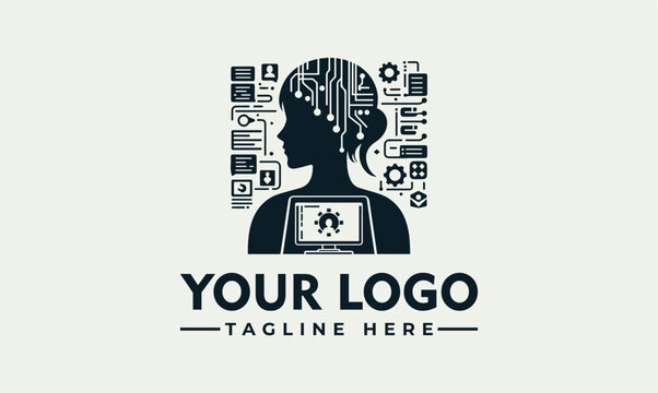 Modern Vector Logo Design of Professional Women Coder with Artificial Intelligence and Digital Technology Circuits