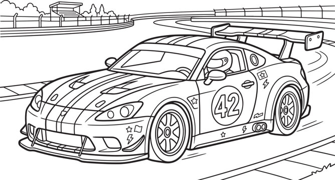 Black and white line coloring page of a race car with number 42 on the door, driving on a curved asphalt track with a grandstand in the background