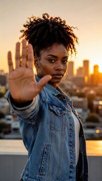 Young African American woman with curly hair making a stop gesture with her hand against a sunset city skyline background, wearing a denim jacket