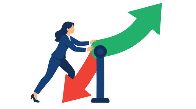 Businesswoman in professional navy suit confidently pushing and rotating large vibrant green arrow upward, reversing downward red trend to point toward positive business success, growth, and