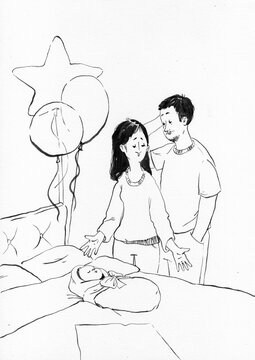 Hand-drawn ink illustration of new parents looking at their newborn baby at home. Emotional family scene about first weeks of parenthood, parenting, surprise, love, and newborn care.