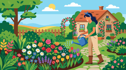 Fototapeta premium Smiling woman watering magnificent blooming flower garden with blue watering can in lush idyllic backyard, charming cottage with rose arches behind, radiant sunlit pastoral scene celebrating