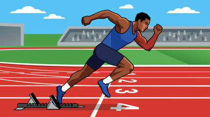 Obraz premium Powerful male athlete exploding from starting blocks on vibrant red running track, dynamic sprint start vector illustration with stadium crowd, competitive speed sports energy