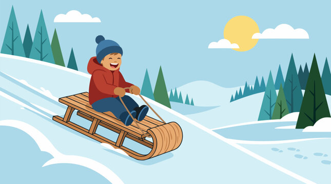 Joyful young boy in winter clothes laughing while sledding fast down a snowy hill on a classic wooden toboggan under bright sunny blue sky with snow covered pine trees and distant mountains vector
