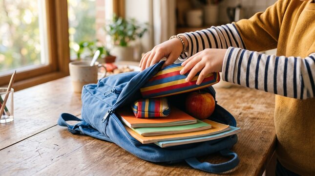 Child packing school backpack at home before class with backpack education learning supplies