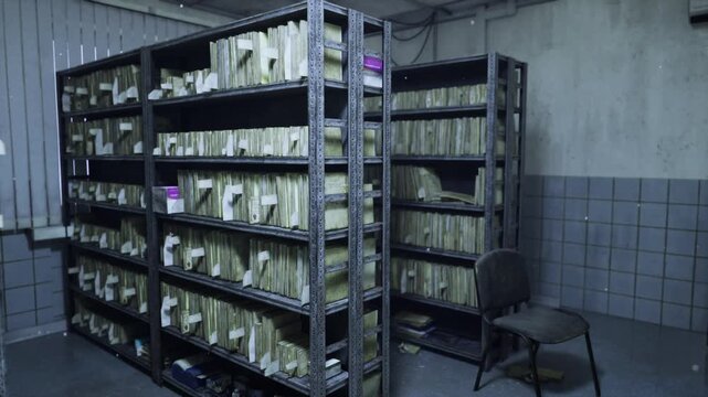 dim archival records room with metal shelving and rows of folders, humid storage atmosphere, stacked paper files, mismatched chairs and narrow aisle