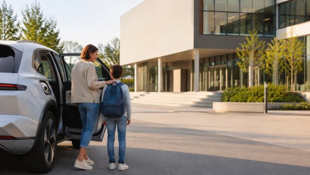 Woman and child standing by a parked car during school drop-off in front of a modern educational building with greenery and clear skies in the background