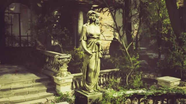 stone statue in overgrown garden, weathered female figure beside ivycovered balustrade, dappled goldenhour light, cracked marble surface, creeping ferns