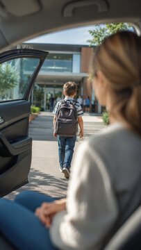 Child with backpack walks towards school entrance while parent watches from car, modern educational building visible in the background with clear blue sky