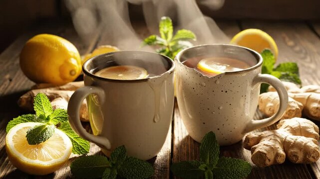 Steaming cups of ginger and lemon tea with mint leaves, creating a cozy and comforting ambiance.