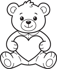 Obraz premium Black and white line of a cute teddy bear sitting and holding a large heart, isolated on a white background, coloring page style