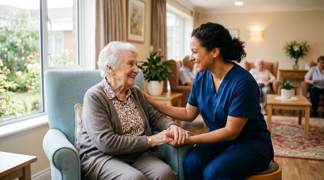 A smiling caregiver in blue scrubs holds hands with an elderly woman in a bright care home lounge, ideal for senior support and healthcare service promotions.