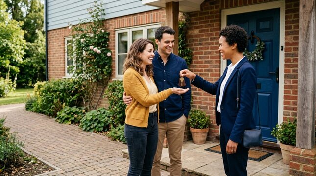 A smiling real estate agent hands house keys to a happy couple outside a brick home with a blue front door, useful for property sales and moving concepts.