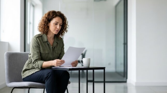 Concentrated professional woman with curly hair sitting in a modern, bright office space reviewing an important paper document while waiting with a cup of coffee