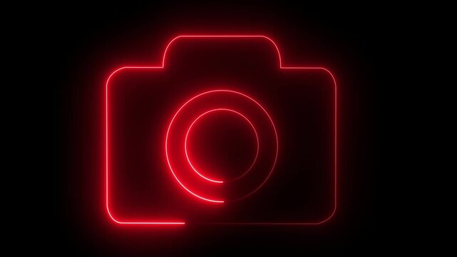 Glowing neon camera icon isolated , recording, and film themes. Social media video camera icon for app. camera frame pictogram photograph animated