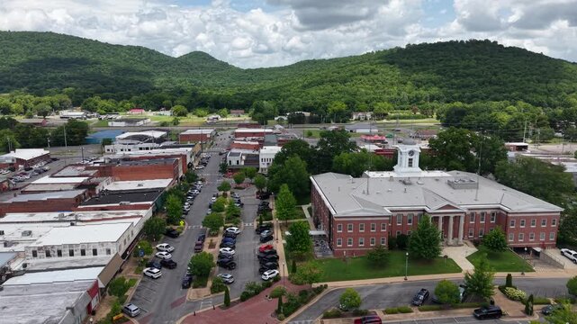 Aerial View of Downtown Street with Mountain Backdrop in Scottsboro, Alabama