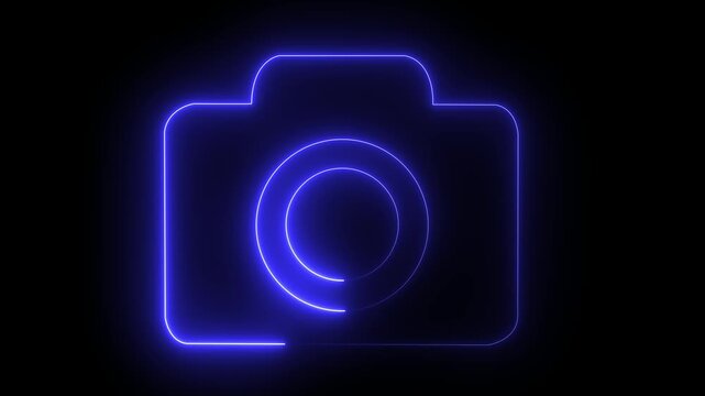 Glowing neon camera icon isolated , recording, and film themes. Social media video camera icon for app. camera frame pictogram photograph animated