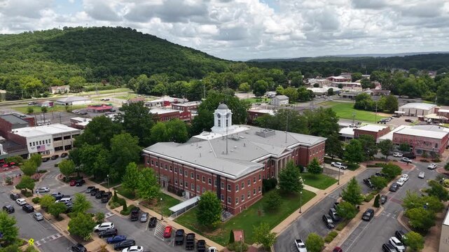 Aerial View of Church Steeple and Buildings in Scottsboro, Alabama