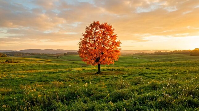 A lone orange autumn tree stands in a green meadow beneath a glowing sunset sky, ideal for seasonal travel, nature conservation, and rural tourism promotions.