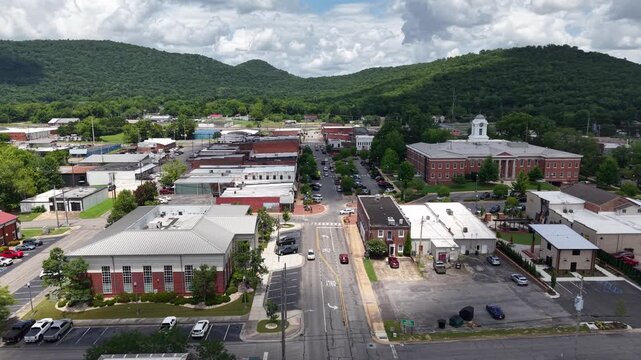 Aerial View of Downtown Scottsboro, Alabama with Historic Courthouse