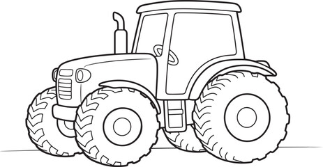 Obraz premium Black and white line of a farm tractor with large treaded tires, a cabin, and an exhaust pipe, isolated on a white background, for coloring pages