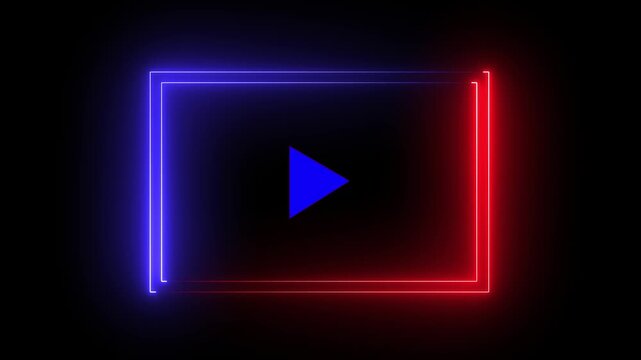 Neon music player icon, Neon rectangle video player animation on black background