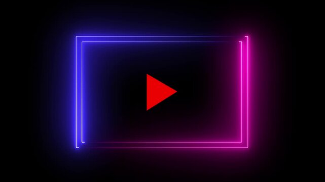 Neon music player icon, Neon rectangle video player animation on black background