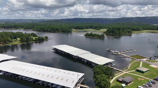Wide Aerial View of Boat Storage Docks on the Lake in Scottsboro, Alabama