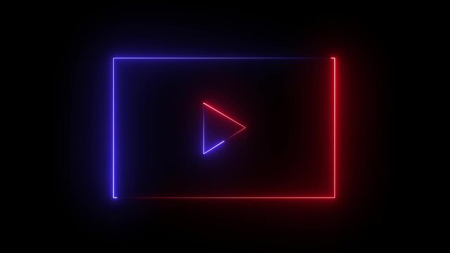 Glowing neon Play Icon and Media Player Button icon animation. glowing neon red blue color music play button animation icon on black background.