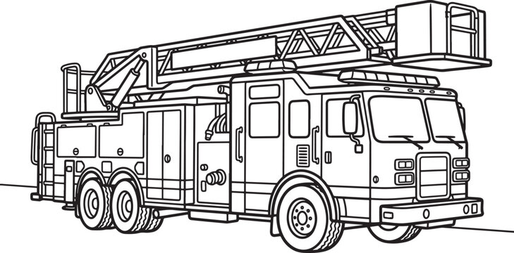 Black and white line of a fire truck with an extended aerial ladder and bucket, side view of a heavy-duty emergency rescue vehicle with wheels and equipment compartments