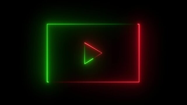 Glowing neon Play Icon and Media Player Button icon animation. glowing neon red green color music play button animation icon on black background.