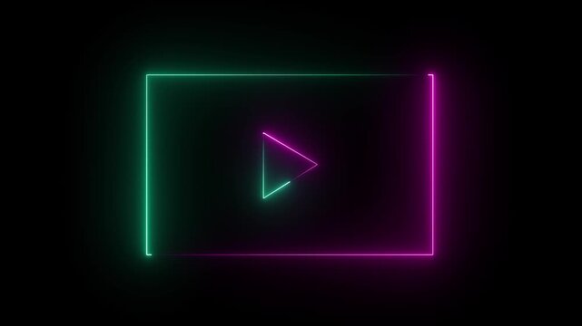 Glowing neon Play Icon and Media Player Button icon animation. glowing neon pink sky color music play button animation icon on black background.