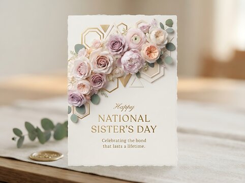 Happy national sisters day greeting card with paper flowers