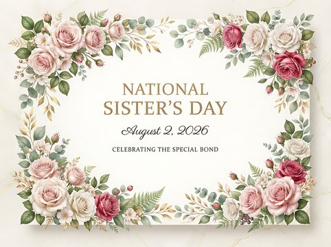 National sister day card with pink roses and leaves frame