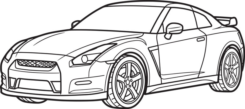 Black and white line of a high-performance sports car, side profile view of a coupe with a rear spoiler, isolated on a white background