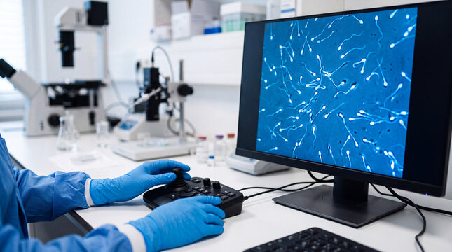 Embryology specialist hands controlling laboratory equipment with blue gloves, computer monitor showing microscopic spermatozoa movement, male fertility analysis, sperm quality assessment and clinical