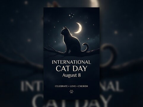 International cat day poster with moon and night sky