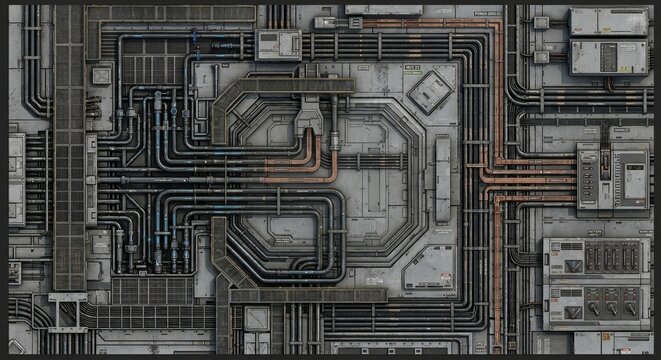 Futuristic sci-fi industrial pipeline network top down view, modular spaceship engineering deck layout with metallic conduits and cables for strategy game design