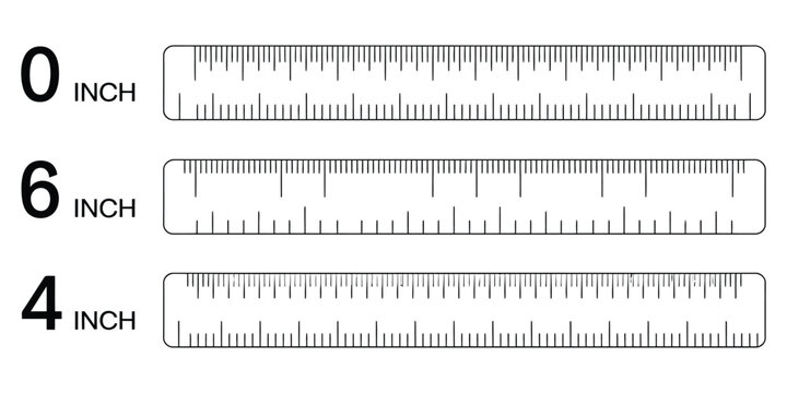Sewing tool ruler scale set with 4 inch 6 inch and 8 inch length measurement markers, clear vector chart template for distance, scale, and height precision