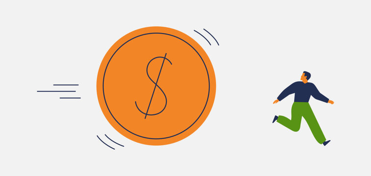 man running from money. large coin rolls behind a man. Tax evasion. Debt, mortgage, and mounting expenses that a person can't handle. Vector illustration