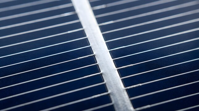 Close-up of solar cell with silver busbars for renewable energy. High-efficiency photovoltaic panel detail for clean power technology.