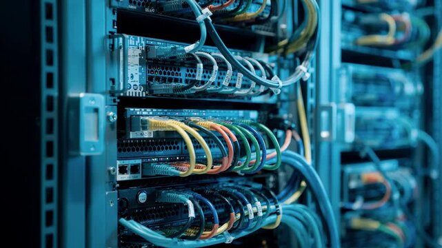 Closeup of backup site racks with neatly arranged network cabling illuminated by cool ambient lighting isolating the equipment in sharp focus.