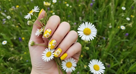 Close up of hand holding yellow and white daisies in garden. © Hp