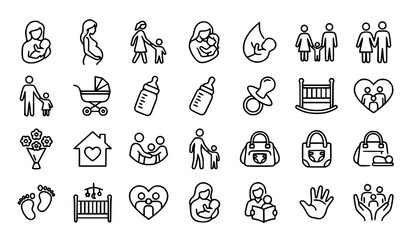 Fototapeta premium Mother Line Icons Vector Set with Motherhood Parenting and Family Symbols