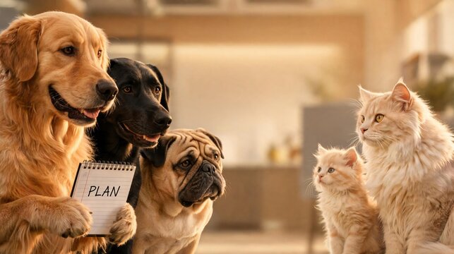 Golden Retrievers and Pug Holding Play Card with Cats Modern Home Lifestyle